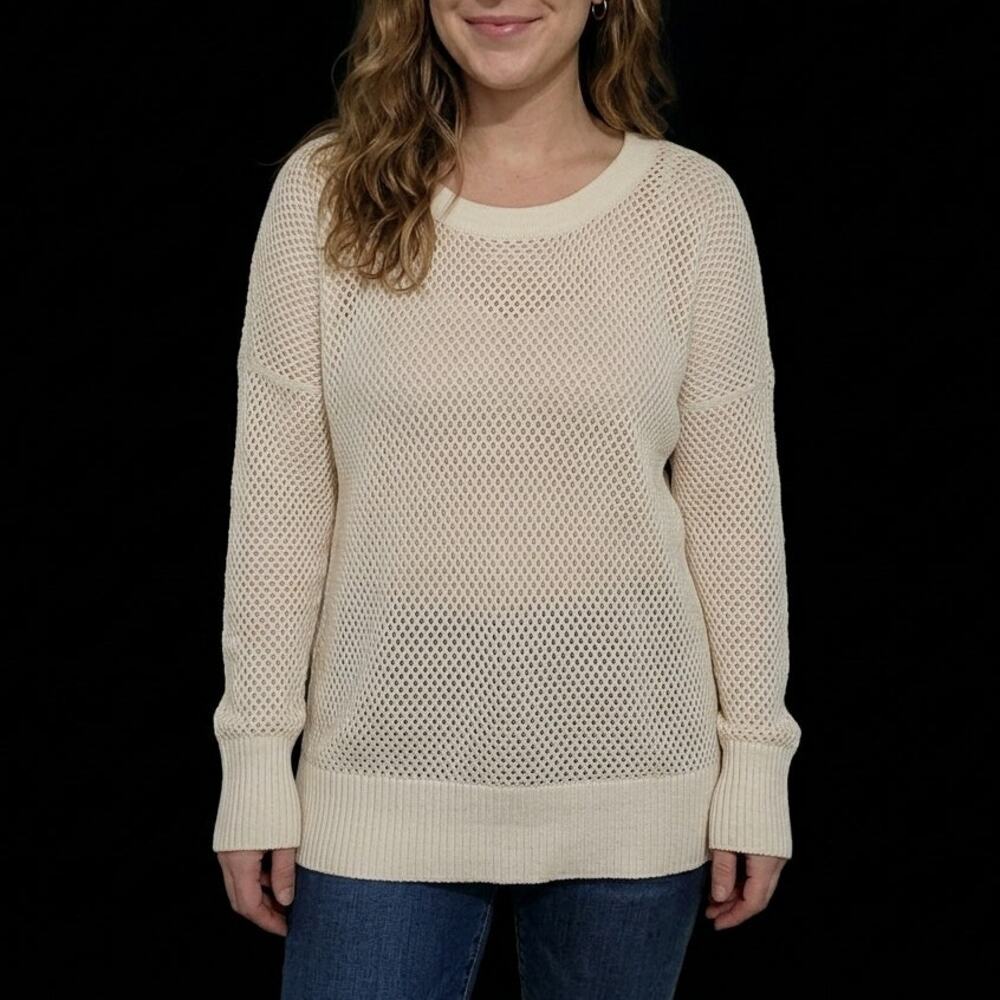 HALOGEN 100% Cashmere Open Knit Crew Neck Sweater Large Cream Quiet Luxury